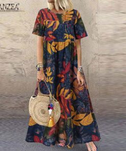 ZANZEA Fashion Summer Maxi Dress Women’s Printed Sundress Casual Short Sleeve Vestidos Female High Waist Robe Femme NEON COLOR DRESSES Color: A3 Green Cotton Size: 5XL 