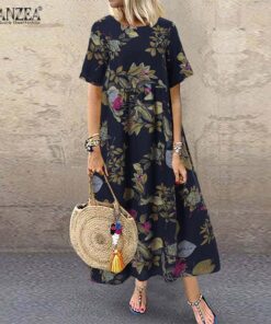 ZANZEA Fashion Summer Maxi Dress Women’s Printed Sundress Casual Short Sleeve Vestidos Female High Waist Robe Femme NEON COLOR DRESSES Color: A4 Cotton Navy Size: S 