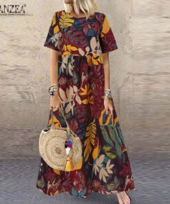 ZANZEA Fashion Summer Maxi Dress Women’s Printed Sundress Casual Short Sleeve Vestidos Female High Waist Robe Femme NEON COLOR DRESSES Color: A3 Red Cotton Size: 5XL 