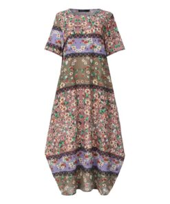 ZANZEA Fashion Summer Maxi Dress Women’s Printed Sundress Casual Short Sleeve Vestidos Female High Waist Robe Femme NEON COLOR DRESSES Color: C Pink Cotton Size: M 