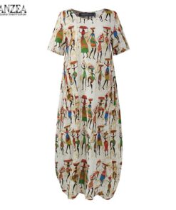 ZANZEA Fashion Summer Maxi Dress Women’s Printed Sundress Casual Short Sleeve Vestidos Female High Waist Robe Femme NEON COLOR DRESSES Color: B White Cotton Size: S 