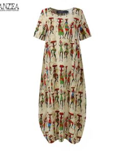 ZANZEA Fashion Summer Maxi Dress Women’s Printed Sundress Casual Short Sleeve Vestidos Female High Waist Robe Femme NEON COLOR DRESSES Color: B Beige Cotton Size: S 