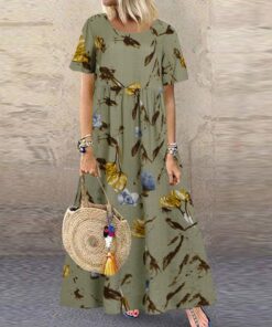 ZANZEA Fashion Summer Maxi Dress Women’s Printed Sundress Casual Short Sleeve Vestidos Female High Waist Robe Femme NEON COLOR DRESSES Color: A1 Gray CottonRayon Size: S 