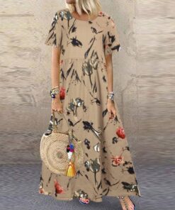 ZANZEA Fashion Summer Maxi Dress Women’s Printed Sundress Casual Short Sleeve Vestidos Female High Waist Robe Femme NEON COLOR DRESSES Color: A1 Beige CottonRayon Size: XXL 