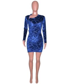 Long Sleeve Zip Up Dress Mini Side Slit Velvet Dress LONG SLEEVE ZIP UP DRESSES Color: Blue Size: S 