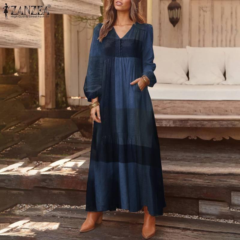 Bohemian Shirt Dress Women's Maxi Sundress ZANZEA 2021 Spring Elegant Casual V Neck Ruflle Vestido Female Long Sleeve Tunic Robe