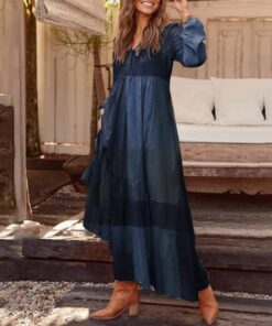 Bohemian Shirt Dress Women’s Maxi Sundress ZANZEA 2021 Spring Elegant Casual V Neck Ruflle Vestido Female Long Sleeve Tunic Robe PLUS SIZE BOHO MAXI DRESSES Color: B Blue Size: M 