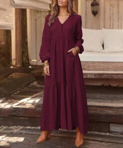 Bohemian Shirt Dress Women’s Maxi Sundress ZANZEA 2021 Spring Elegant Casual V Neck Ruflle Vestido Female Long Sleeve Tunic Robe PLUS SIZE BOHO MAXI DRESSES Color: A Wine Red Size: M 
