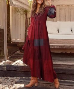 Bohemian Shirt Dress Women’s Maxi Sundress ZANZEA 2021 Spring Elegant Casual V Neck Ruflle Vestido Female Long Sleeve Tunic Robe PLUS SIZE BOHO MAXI DRESSES Color: B Wine Red Size: 5XL 
