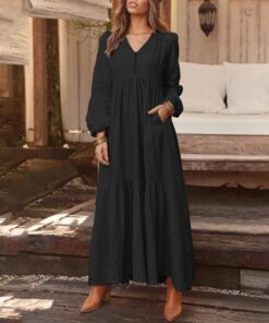 Bohemian Shirt Dress Women’s Maxi Sundress ZANZEA 2021 Spring Elegant Casual V Neck Ruflle Vestido Female Long Sleeve Tunic Robe PLUS SIZE BOHO MAXI DRESSES Color: A Black Size: 5XL 