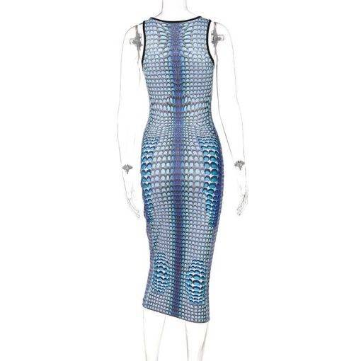 Chicology 2021 Women Summer Dress Snake Tie Dye 3D Print Sleeveless Midi Round Neck Y2K Bodycon Elegant Dresses BLUE SNAKESKIN DRESSES color: Blue