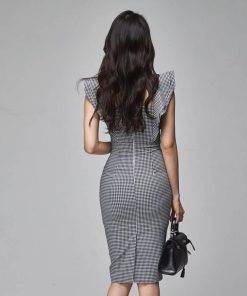 Elegant Slim Formal Office Lady Work Dress Plaid Gray Ruffle Square-Collar Sleeveless Bodycon Slit Party Club Dress Summer DRESSES FOR WORK color: Gray 