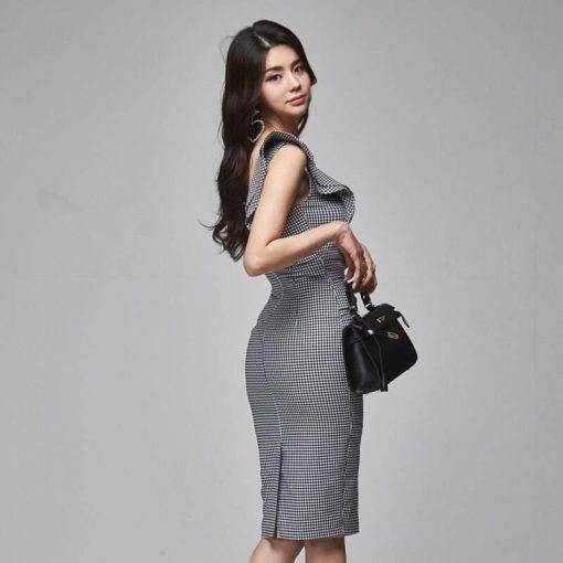 Elegant Slim Formal Office Lady Work Dress Plaid Gray Ruffle Square-Collar Sleeveless Bodycon Slit Party Club Dress Summer DRESSES FOR WORK color: Gray