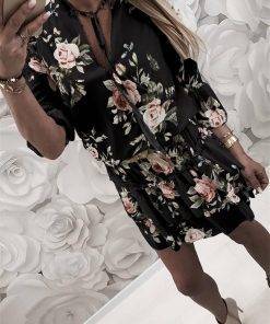 Vintage Women’s Wrap Summer V-Neck Boho Floral Print Dress Elegant Ladies Holiday Beach Mini Sundress Plus Size DAYTIME DRESSES color: Black|White 