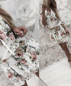 Vintage Women’s Wrap Summer V-Neck Boho Floral Print Dress Elegant Ladies Holiday Beach Mini Sundress Plus Size DAYTIME DRESSES color: Black|White 