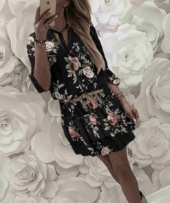 Vintage Women’s Wrap Summer V-Neck Boho Floral Print Dress Elegant Ladies Holiday Beach Mini Sundress Plus Size DAYTIME DRESSES Color: Black Size: XL 