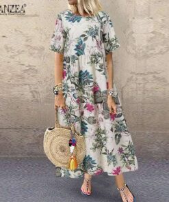 ZANZEA Fashion Summer Maxi Dress Women’s Printed Sundress Casual Short Sleeve Vestidos Female High Waist Robe Femme PLUS SIZE BOHO MAXI DRESSES Color: A4 Cotton Red Size: 5XL 