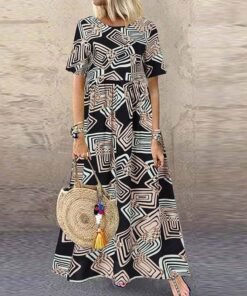 ZANZEA Fashion Summer Maxi Dress Women’s Printed Sundress Casual Short Sleeve Vestidos Female High Waist Robe Femme PLUS SIZE BOHO MAXI DRESSES Color: A2 Beige Rayon Size: S 