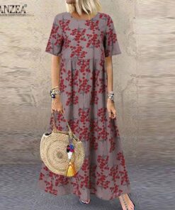 ZANZEA Fashion Summer Maxi Dress Women’s Printed Sundress Casual Short Sleeve Vestidos Female High Waist Robe Femme PLUS SIZE BOHO MAXI DRESSES Color: A6 Grey RayonCotton Size: L 