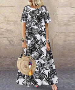 ZANZEA Fashion Summer Maxi Dress Women’s Printed Sundress Casual Short Sleeve Vestidos Female High Waist Robe Femme PLUS SIZE BOHO MAXI DRESSES Color: A2 Black Rayon Size: S 