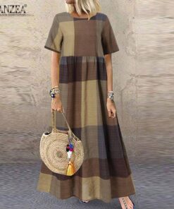 ZANZEA Fashion Summer Maxi Dress Women’s Printed Sundress Casual Short Sleeve Vestidos Female High Waist Robe Femme PLUS SIZE BOHO MAXI DRESSES Color: A5 Yello CottonRayon Size: S 