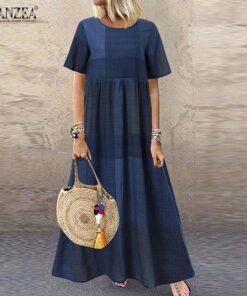 ZANZEA Fashion Summer Maxi Dress Women’s Printed Sundress Casual Short Sleeve Vestidos Female High Waist Robe Femme PLUS SIZE BOHO MAXI DRESSES Color: A5 Blue Cotton Rayon Size: S 