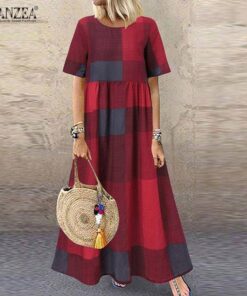 ZANZEA Fashion Summer Maxi Dress Women’s Printed Sundress Casual Short Sleeve Vestidos Female High Waist Robe Femme PLUS SIZE BOHO MAXI DRESSES Color: A5 Red Cotton Rayon Size: S 
