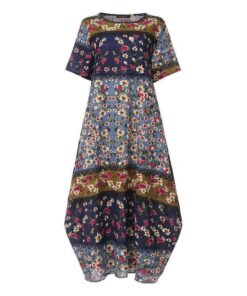 ZANZEA Fashion Summer Maxi Dress Women’s Printed Sundress Casual Short Sleeve Vestidos Female High Waist Robe Femme PLUS SIZE BOHO MAXI DRESSES Color: C Blue Cotton Size: M 