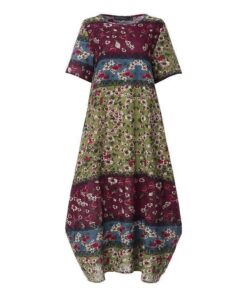 ZANZEA Fashion Summer Maxi Dress Women’s Printed Sundress Casual Short Sleeve Vestidos Female High Waist Robe Femme PLUS SIZE BOHO MAXI DRESSES Color: C Green Cotton Size: M 